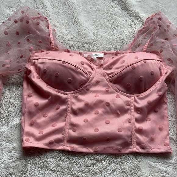Milolly Pink Polka Dot Puff Sleeve Crop Top | Size Small | Y2K Cottagecore Chic - Picture 3 of 7